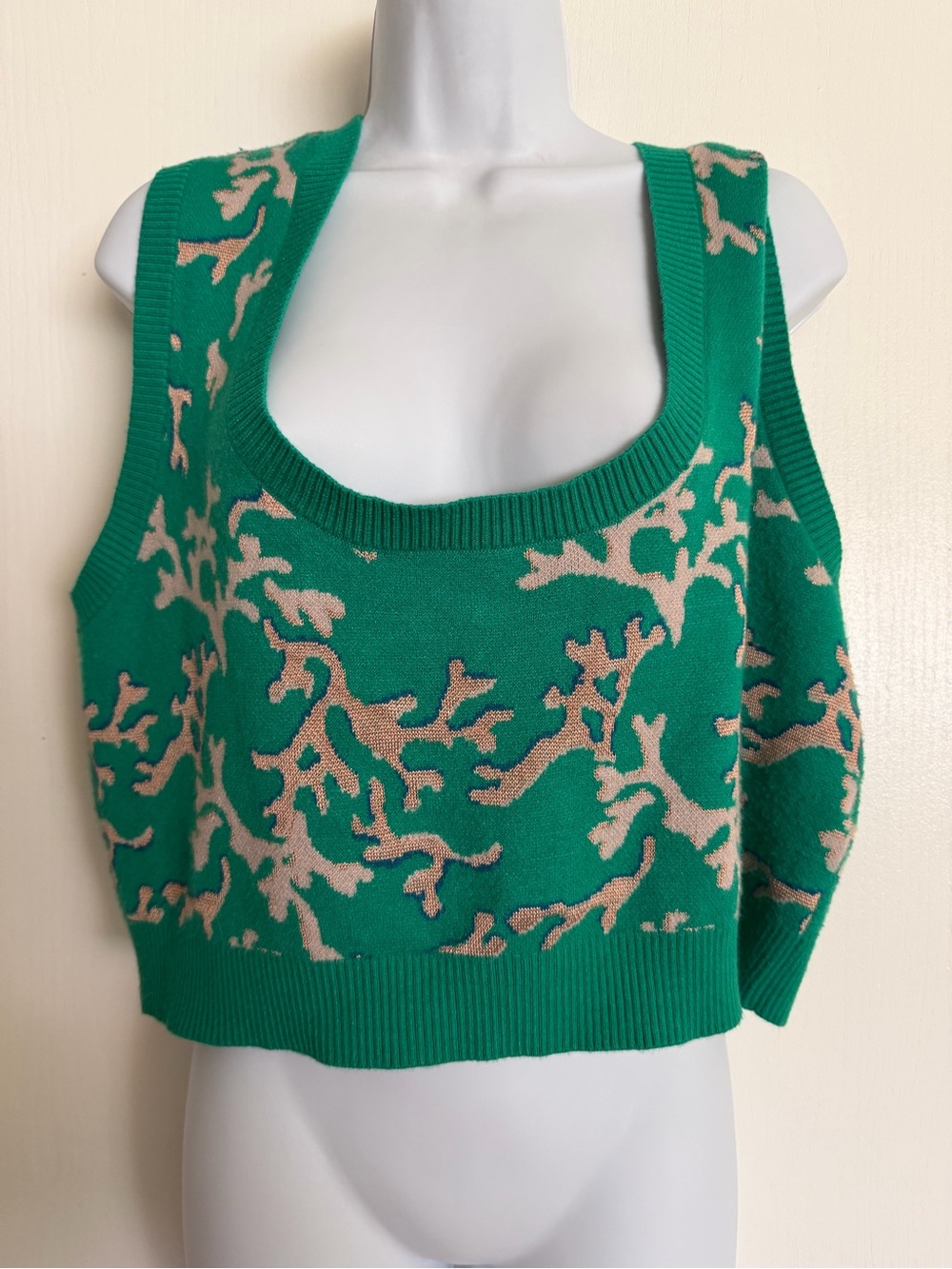 Maeve Green and Beige Patterned Knit Crop Tank